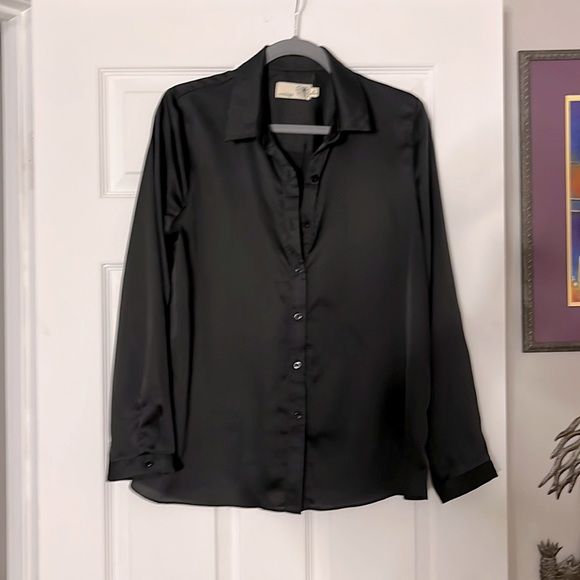 Black Satiny Button Down Blouse - Picture 1 of 5